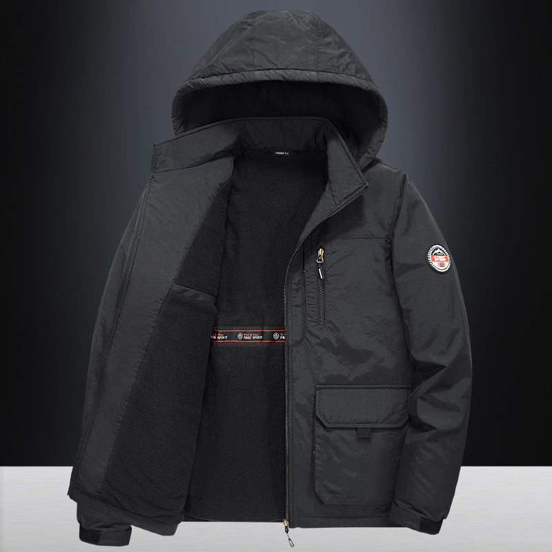 Fall Winter Men Middle-aged Loose Plus Size Outdoor Sports Windproof Hooded Cotton Jacket