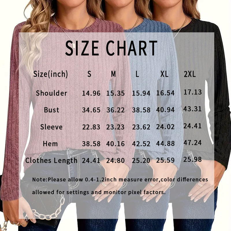 Women's 3 Pack Ribbed Knit Long Sleeve T-Shirt, Slim Fit Crewneck Top, Casual Basic Tee