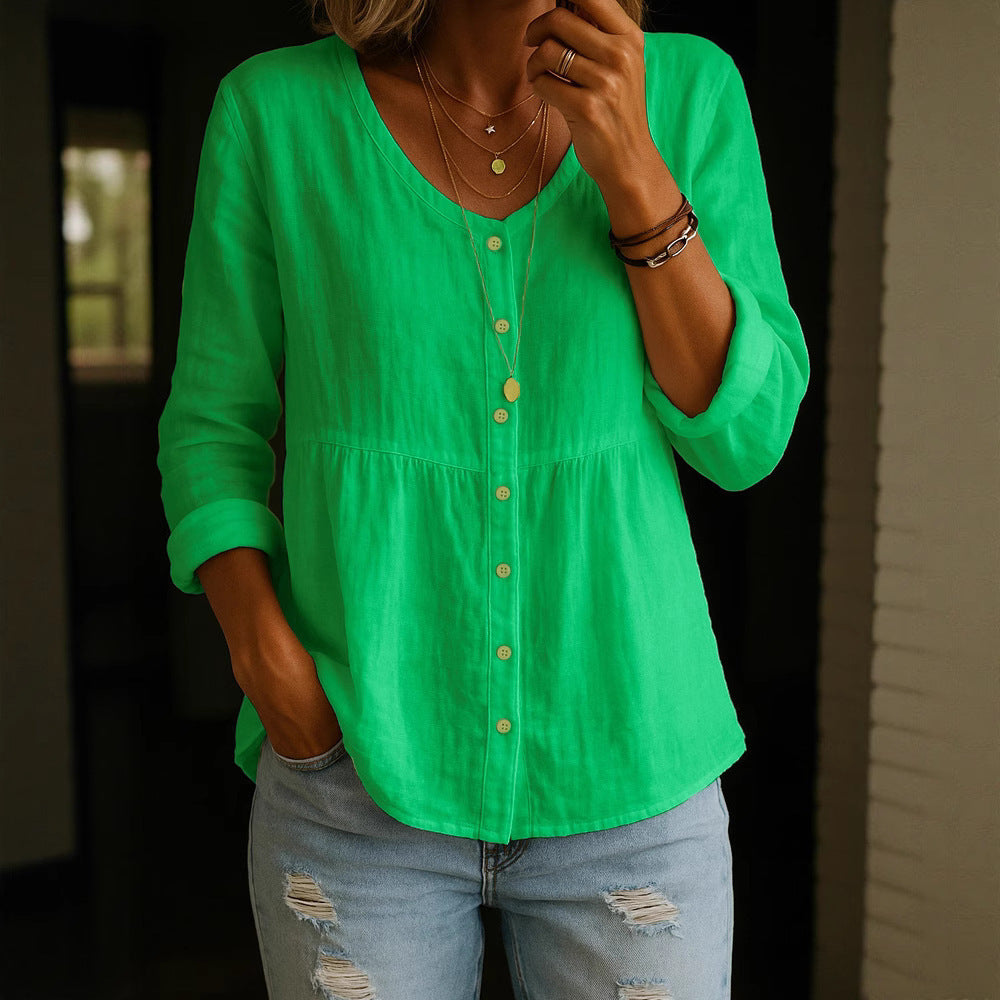 Casual Loose Fashion Cotton And Linen Long Sleeve V-neck Buttons Shirt