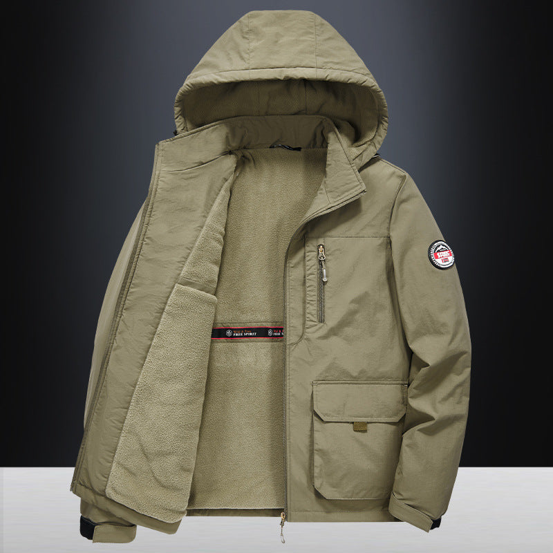 Fall Winter Men Middle-aged Loose Plus Size Outdoor Sports Windproof Hooded Cotton Jacket