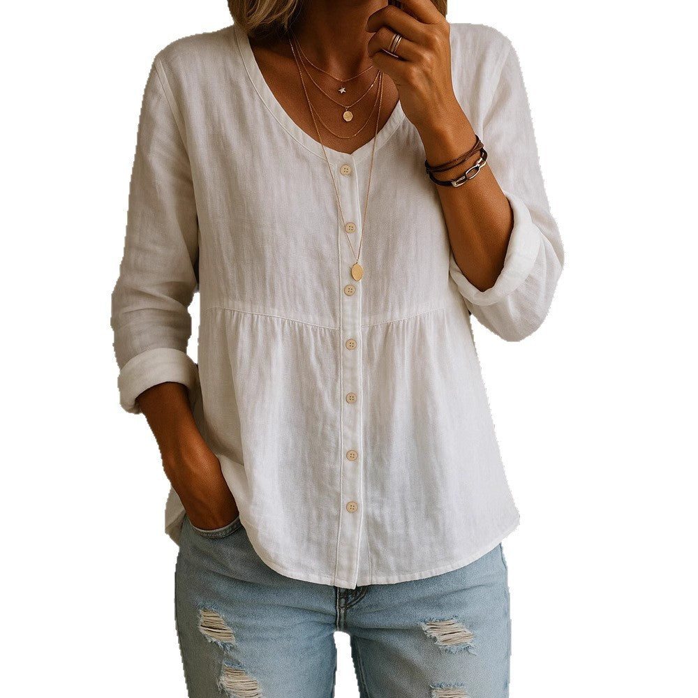 Casual Loose Fashion Cotton And Linen Long Sleeve V-neck Buttons Shirt