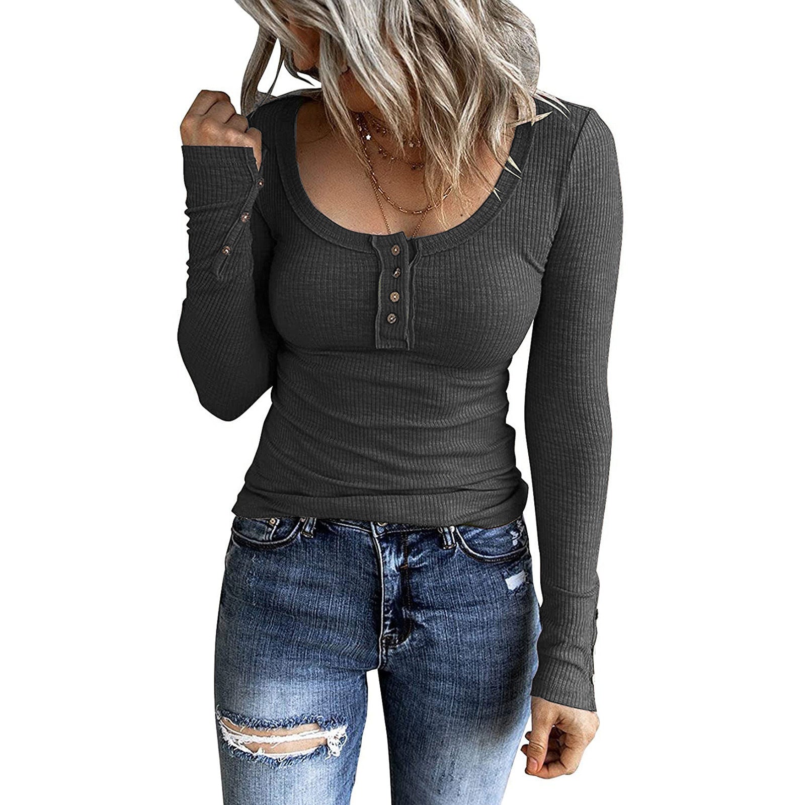 Women's Button Vest Color V-neck Long Sleeve Top