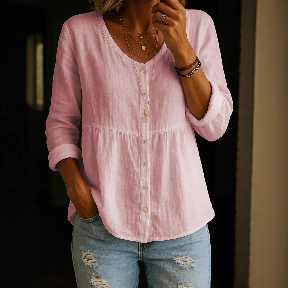 Casual Loose Fashion Cotton And Linen Long Sleeve V-neck Buttons Shirt