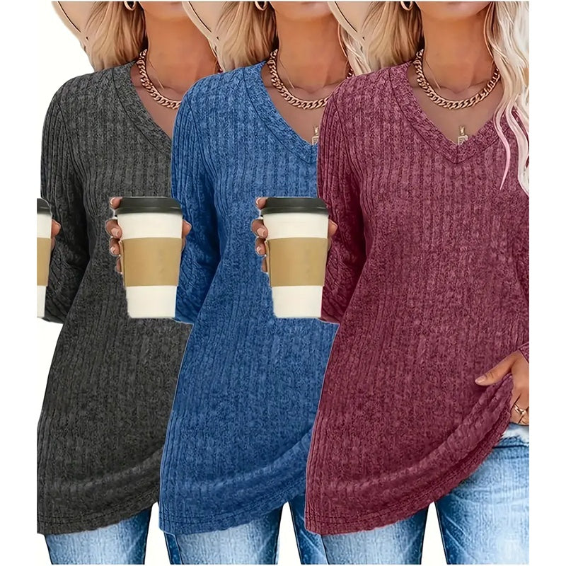 3 Pack Womens Long Sleeve Shirts V Neck Tunic Tops Loose Fit Lightweight Basic Casual Fall Clothes