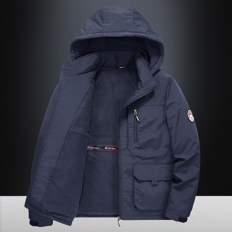 Fall Winter Men Middle-aged Loose Plus Size Outdoor Sports Windproof Hooded Cotton Jacket