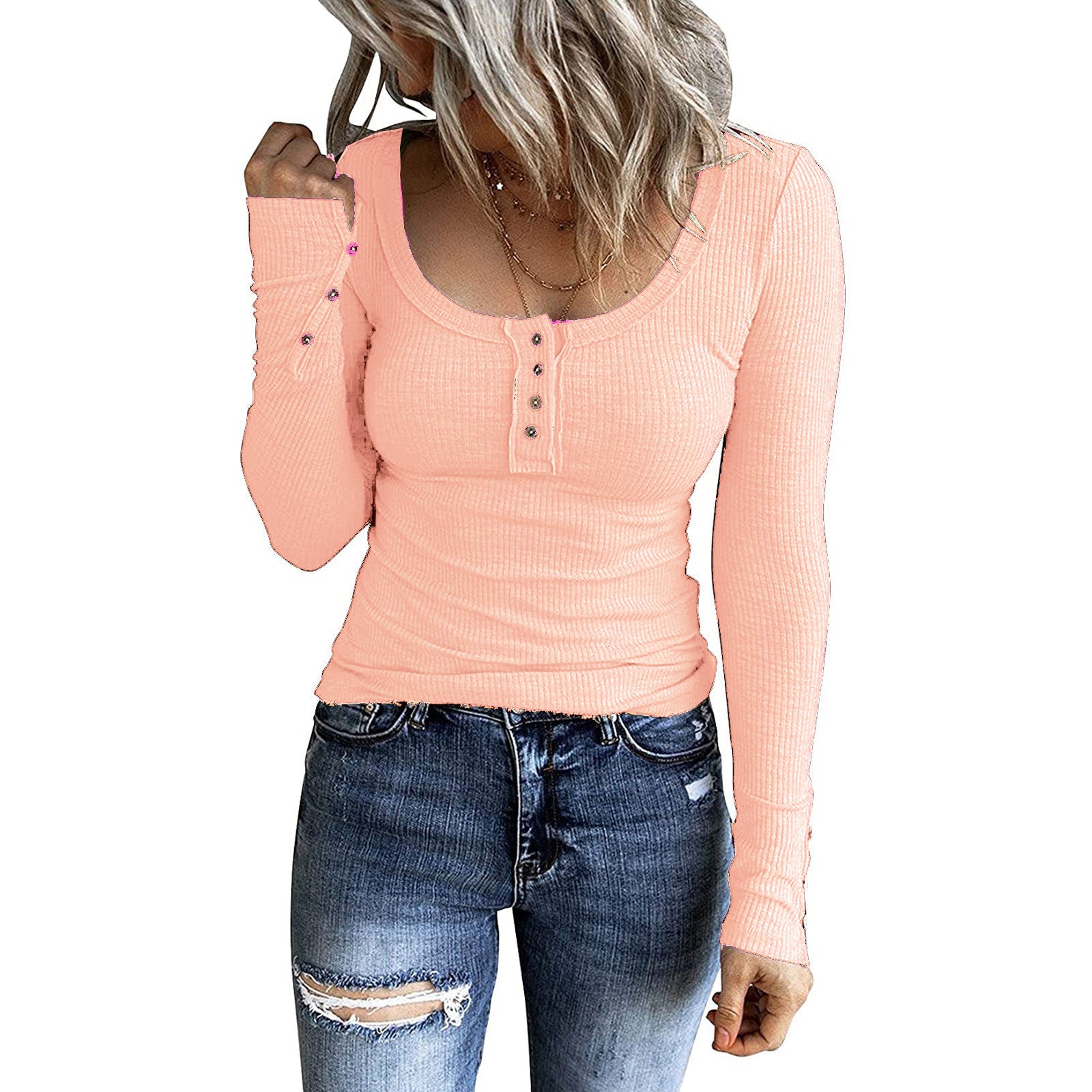 Women's Button Vest Color V-neck Long Sleeve Top