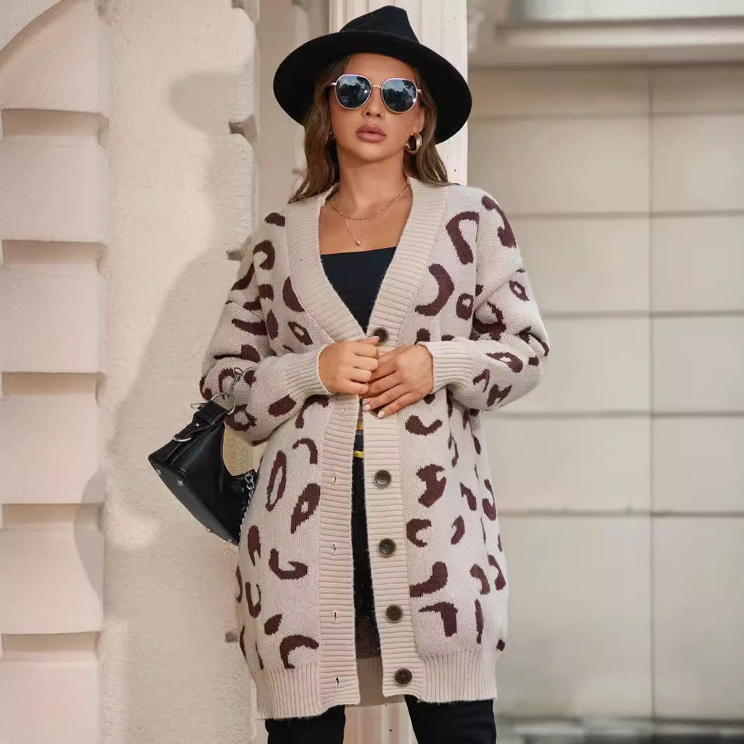Women's Mid-length Leopard-print Sweater Baggy Coat