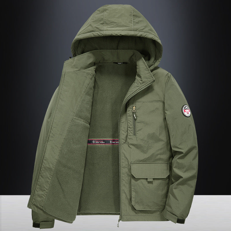 Fall Winter Men Middle-aged Loose Plus Size Outdoor Sports Windproof Hooded Cotton Jacket