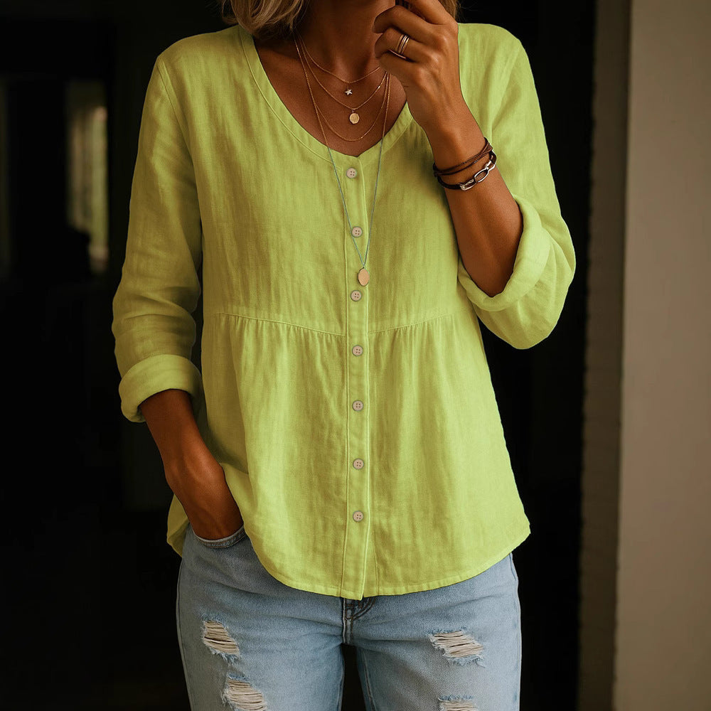 Casual Loose Fashion Cotton And Linen Long Sleeve V-neck Buttons Shirt